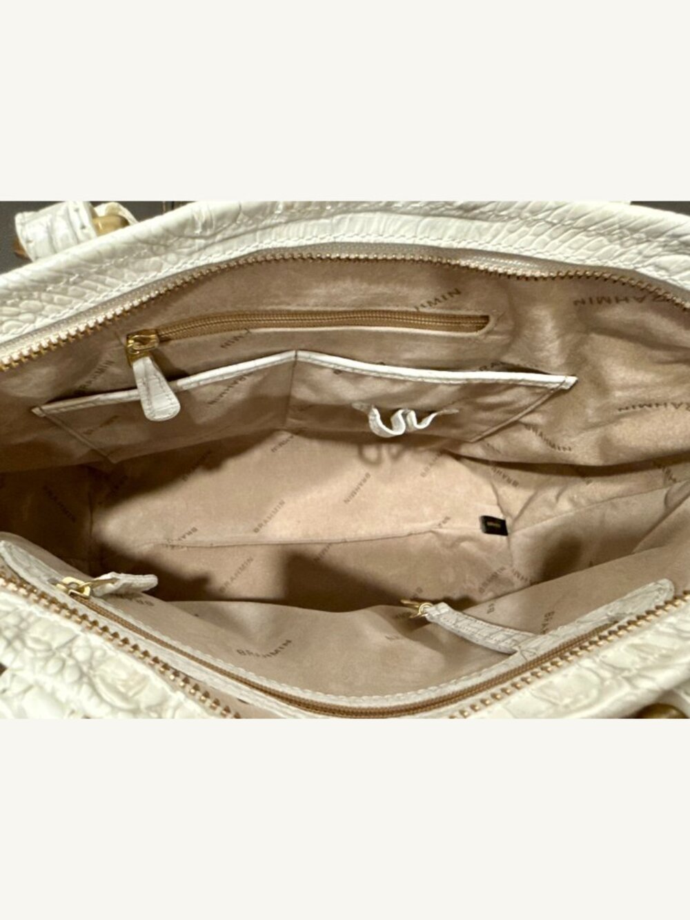 Brahmin White Croc Embossed Leather & Woven Straw Satchel Shoulder Bag - Picture 8 of 16